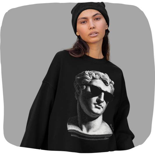 Oversized organic cotton sweater – Antique bust of a man with sunglasses
