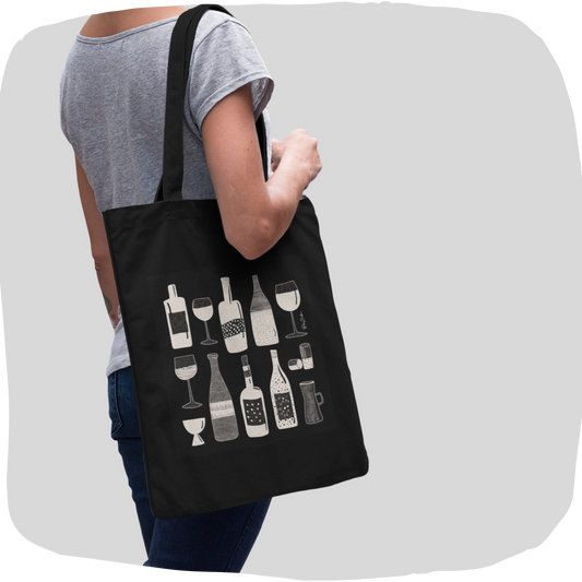 Sac tote noir en coton bio – Motif vin et Verres