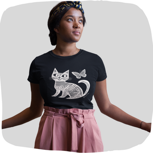 T-shirt femme en coton bio – Illustration artistique d'un chat