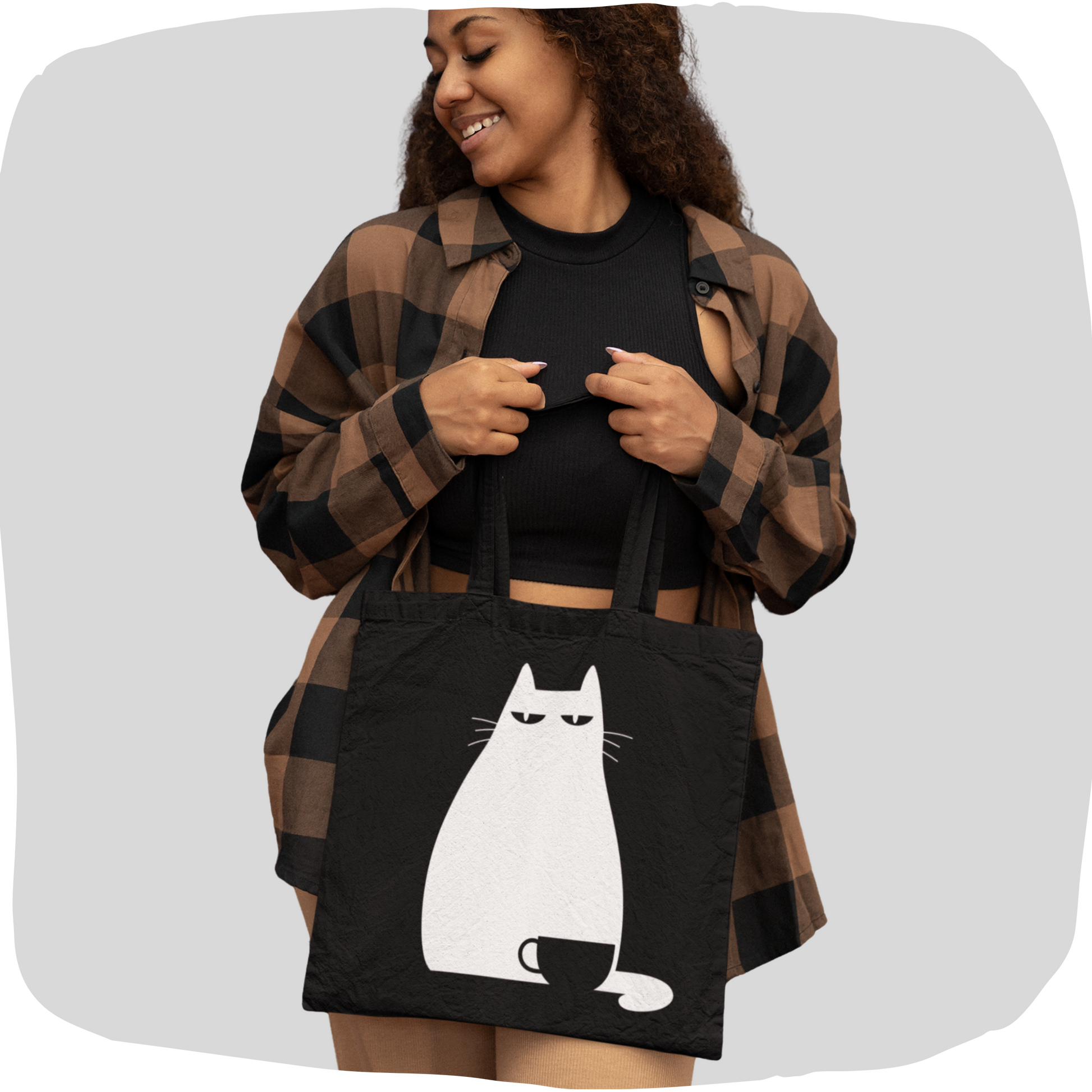 Black recycled tote bag cat coffee