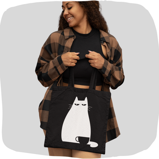 Black recycled tote bag cat coffee