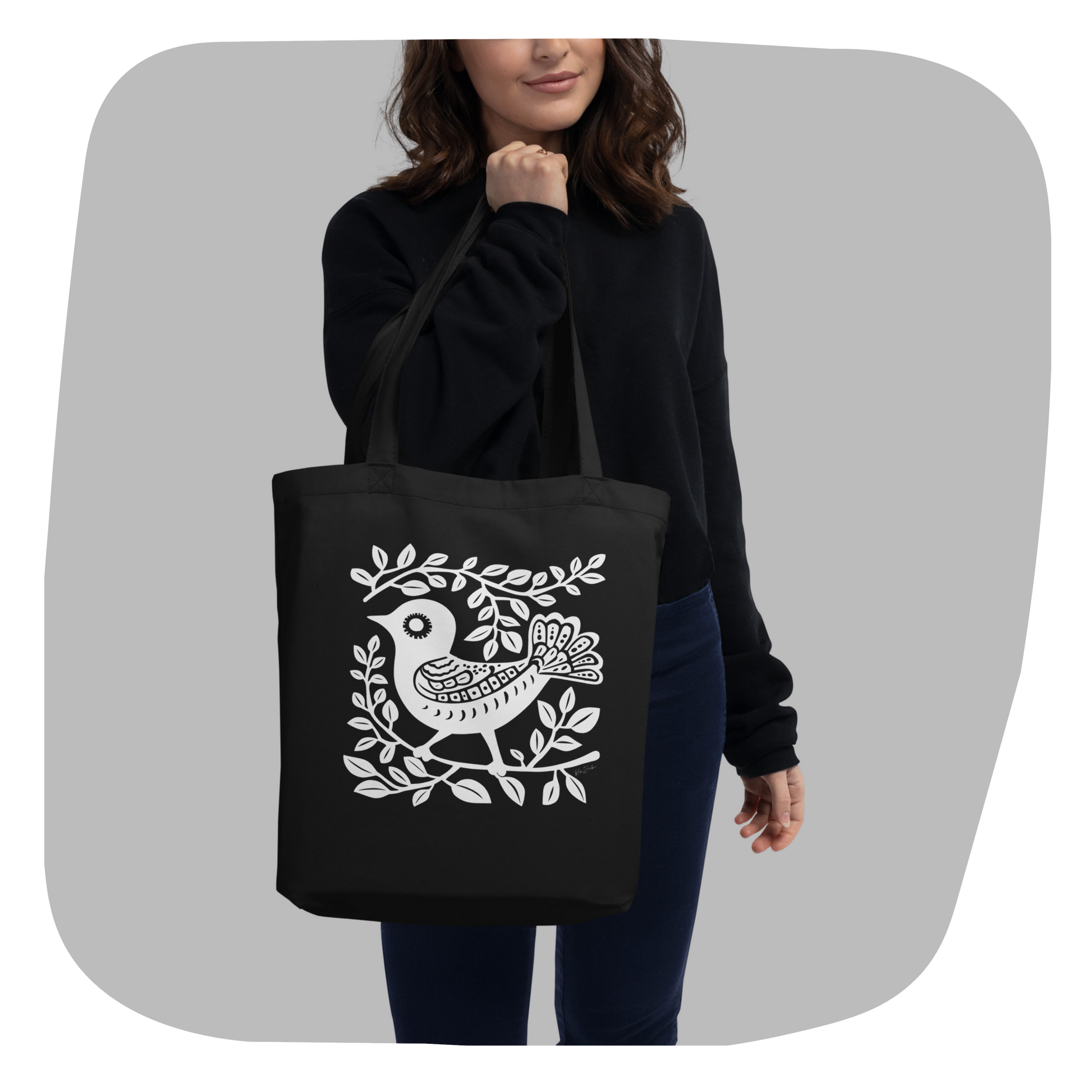 Sac tote noir en coton bio - Motif artistique d'oiseau - rose zombie