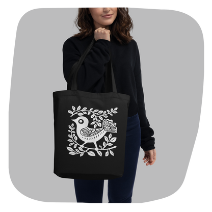 Sac tote noir en coton bio - Motif artistique d'oiseau - rose zombie