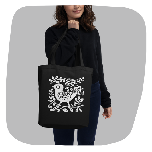 Sac tote noir en coton bio - Motif artistique d'oiseau - rose zombie