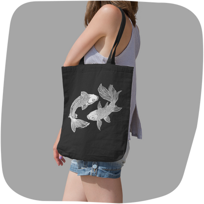Sac tote noir en coton bio - Imprimé de poissons style sérigraphie