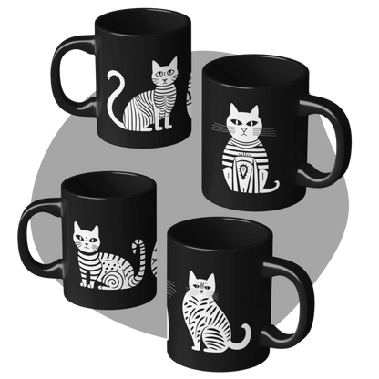 Ensemble de 4 tasses noires en céramique de 11 oz - Imprimé de chats