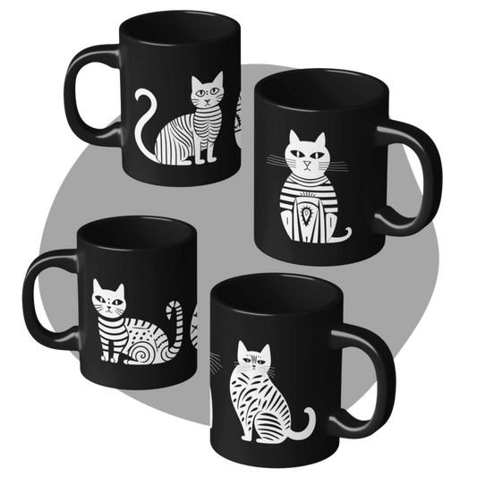 Ensemble de 4 tasses noires en céramique de 11 oz - Imprimé de chats