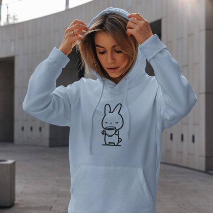 Sweat à capuche en coton durable "Pause Café" – Lapin avec tasse de café