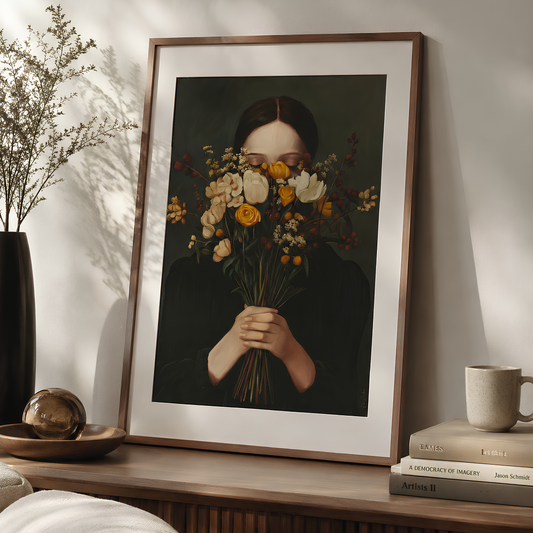 Poster imprimé style peinture d'une jeune femme avec un bouquet de fleurs