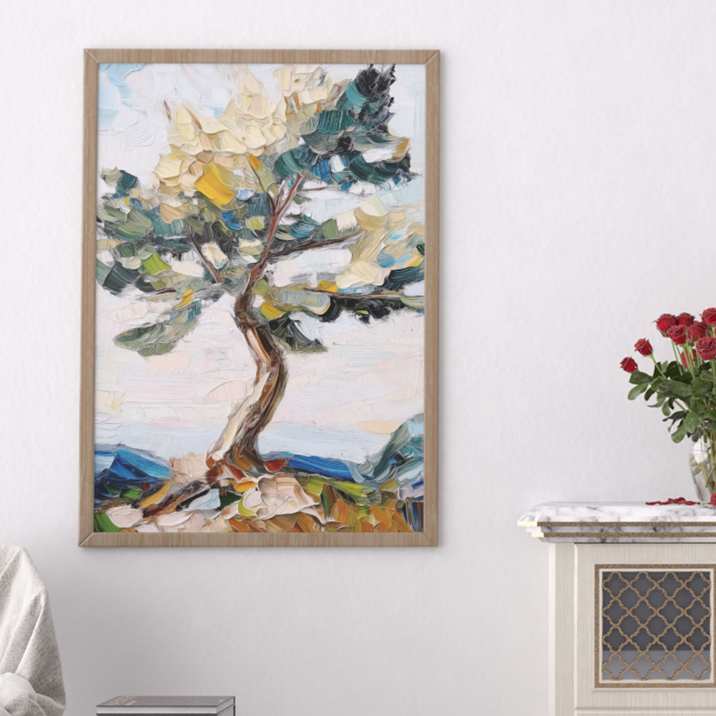 Póster impreso de un paisaje de estilo impresionista.