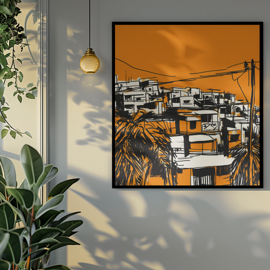 Affiche déco style croquis paysage urbain caribéen, palmiers, orange, intérieur moderne