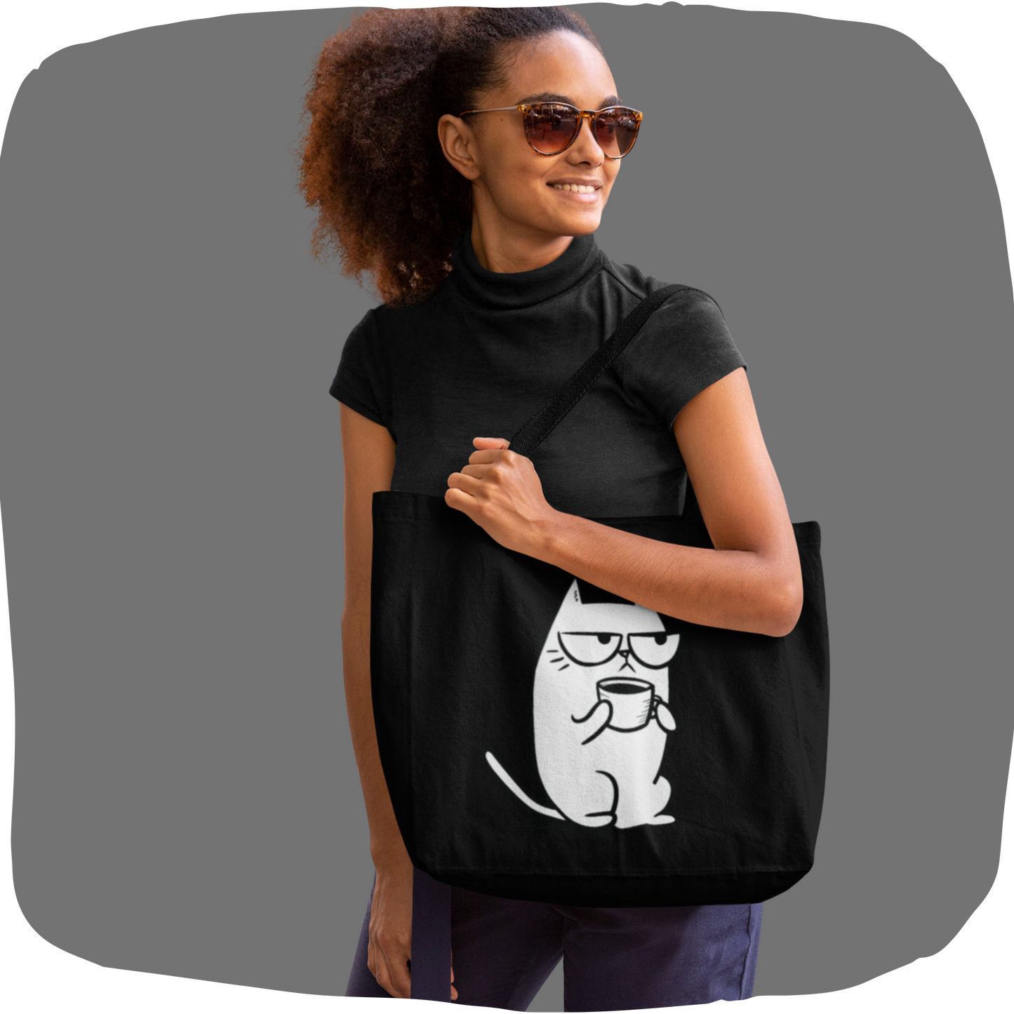 Tote bag en coton écoresponsable – Chat sarcastique avec tasse