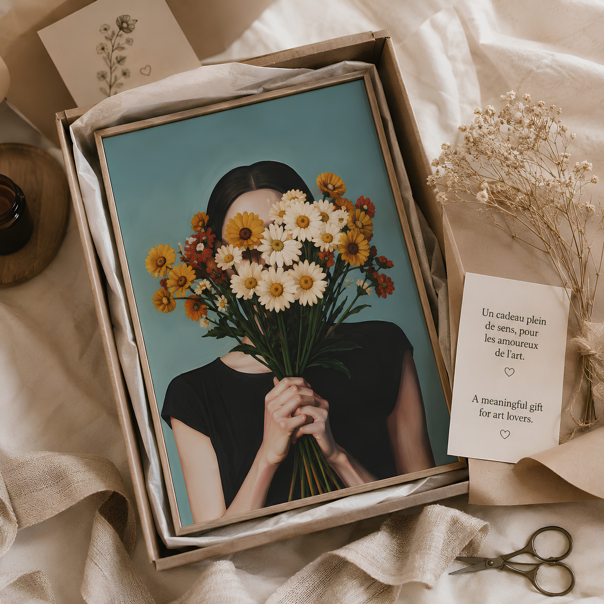 Painting-style printed poster of a young woman with a bouquet of flowers