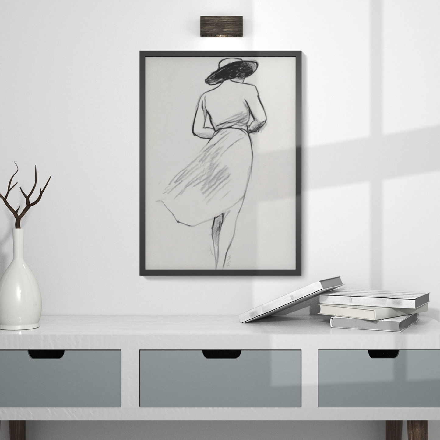 Póster impreso ecológico en estilo boceto de una mujer.