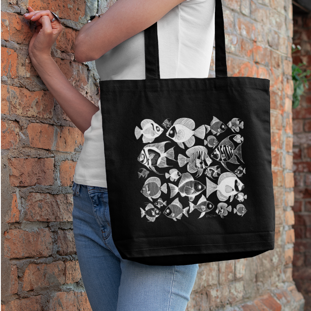 Sac tote noir en coton bio Mako - Motif marin - rose zombie