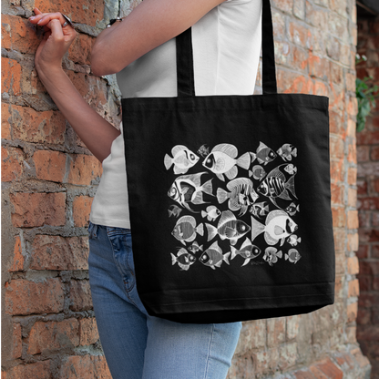 Sac tote noir en coton bio Mako - Motif marin - rose zombie