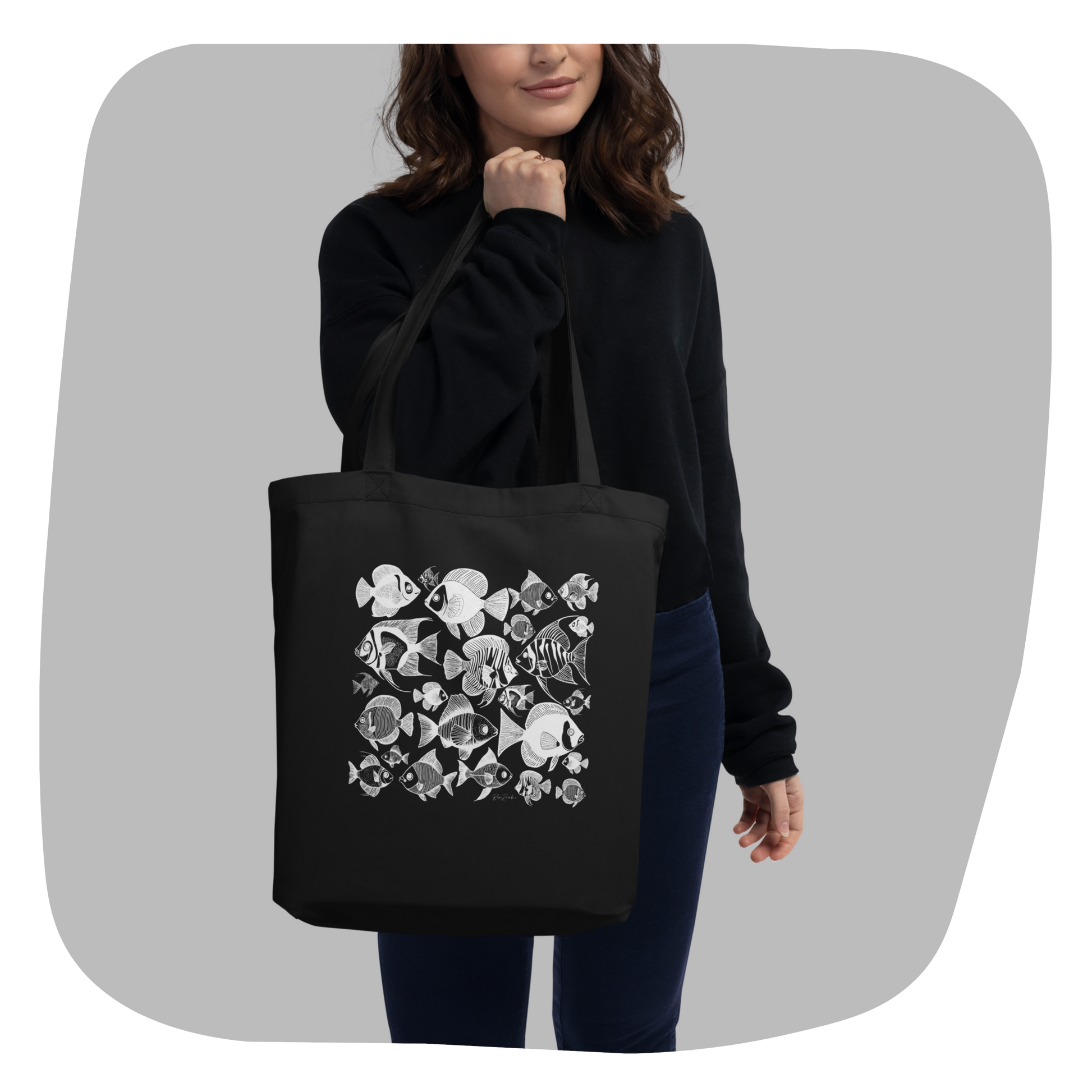 Sac tote noir en coton bio Mako - Motif marin - rose zombie