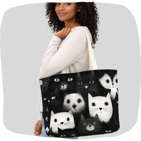 Sac tote large en coton éthique noir et blanc - Chats graphiques