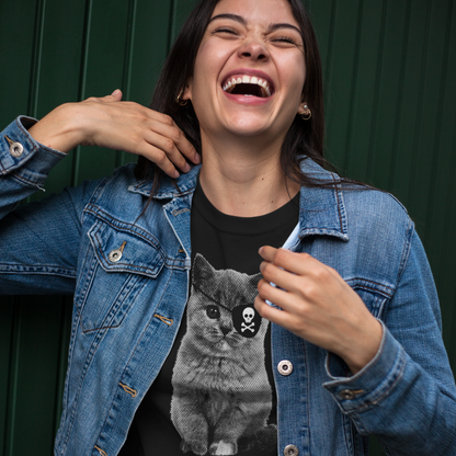 T-shirt en coton recyclé — Chat pirate cache-œil tête de mort,
