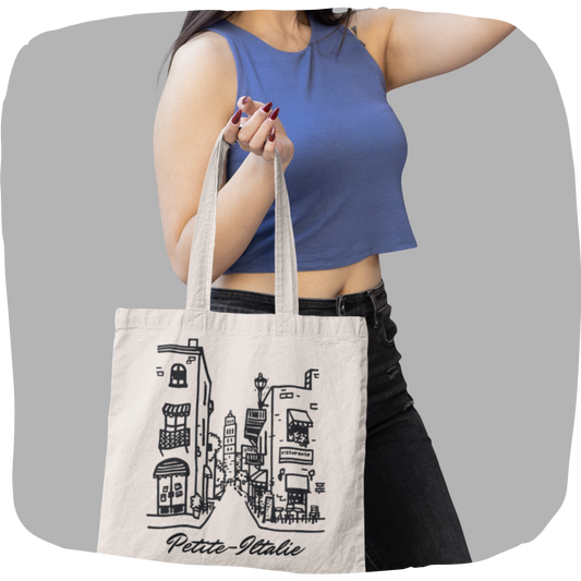 Sac tote beige en coton éthique - Quartier Petite-Italie à Montréal