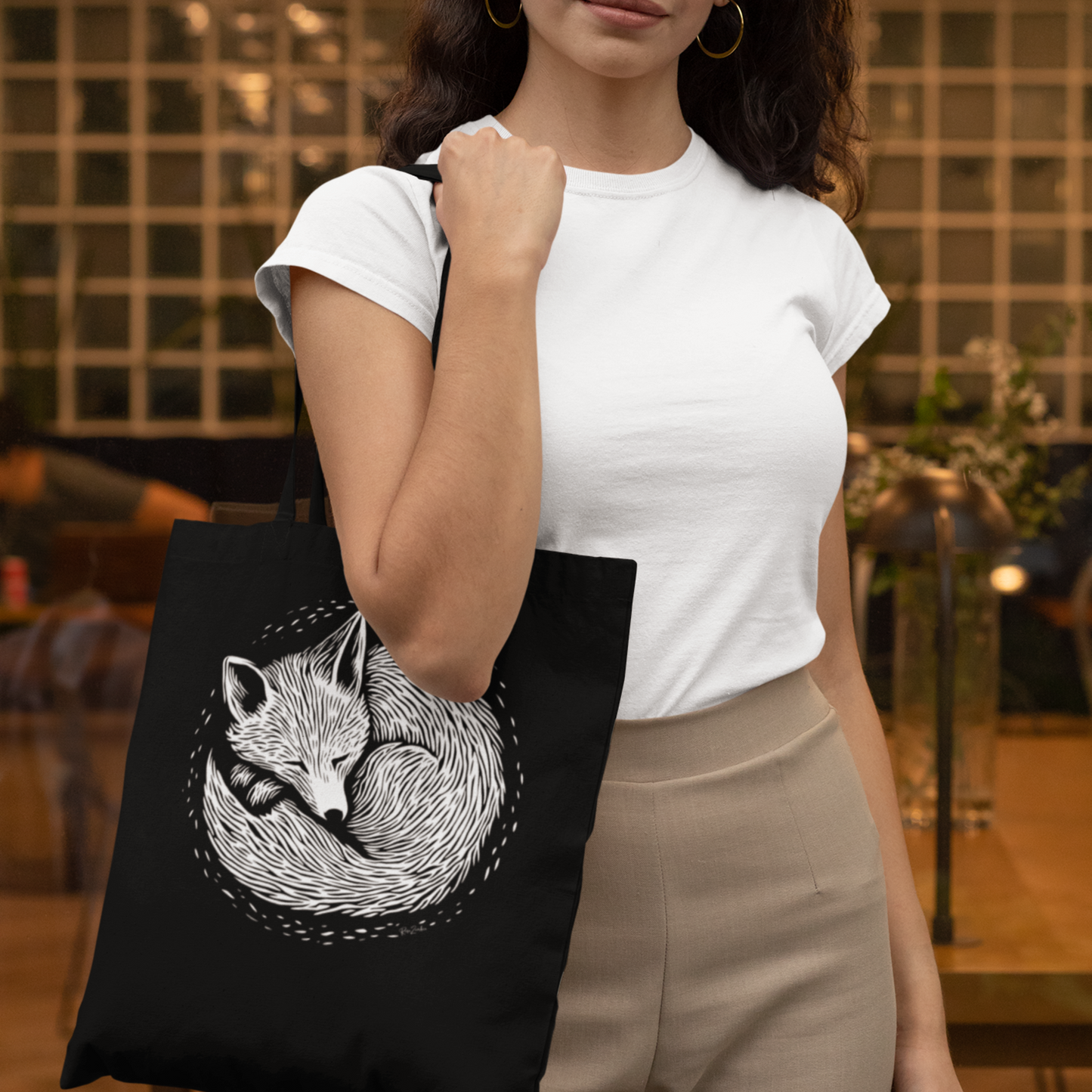 Sac tote noir en coton bio - Renard qui dort