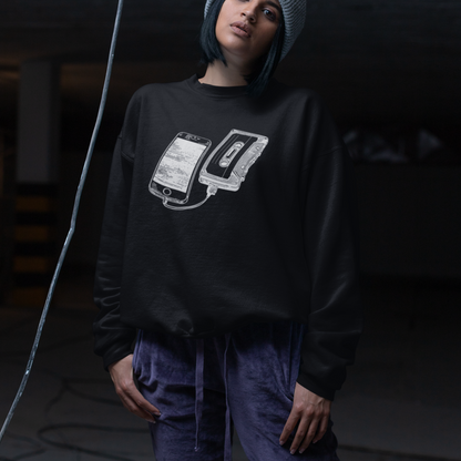 Organic cotton sweater - Vintage cassette and smartphone print