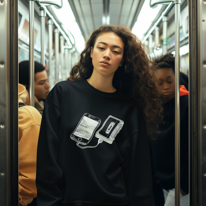 Organic cotton sweater - Vintage cassette and smartphone print