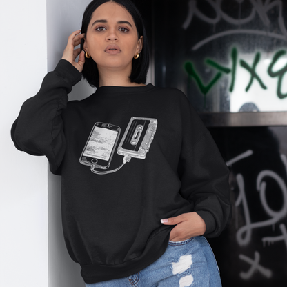 Organic cotton sweater - Vintage cassette and smartphone print
