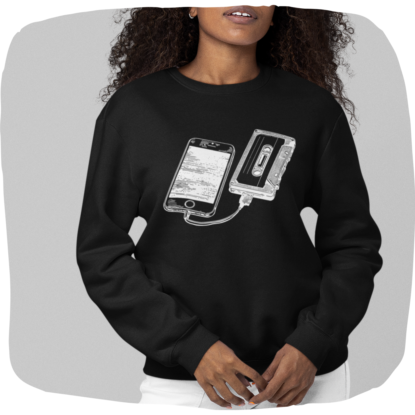 Organic cotton sweater - Vintage cassette and smartphone print