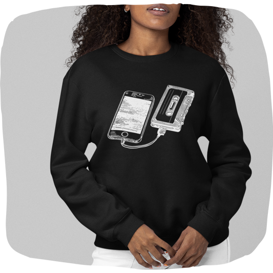 Pull en coton bio - Imprimé vintage cassette et téléphone intelligent
