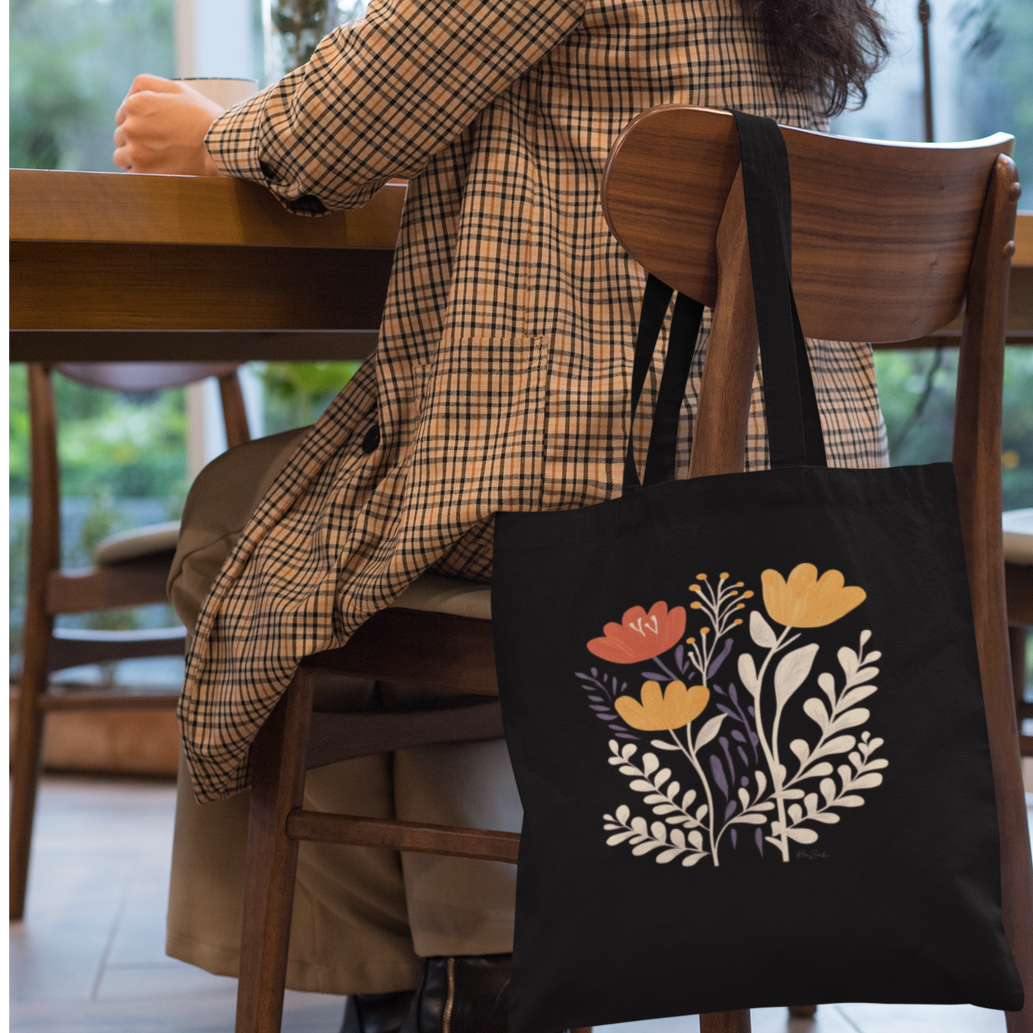 Sac tote noir en coton bio - Fleurs des champs