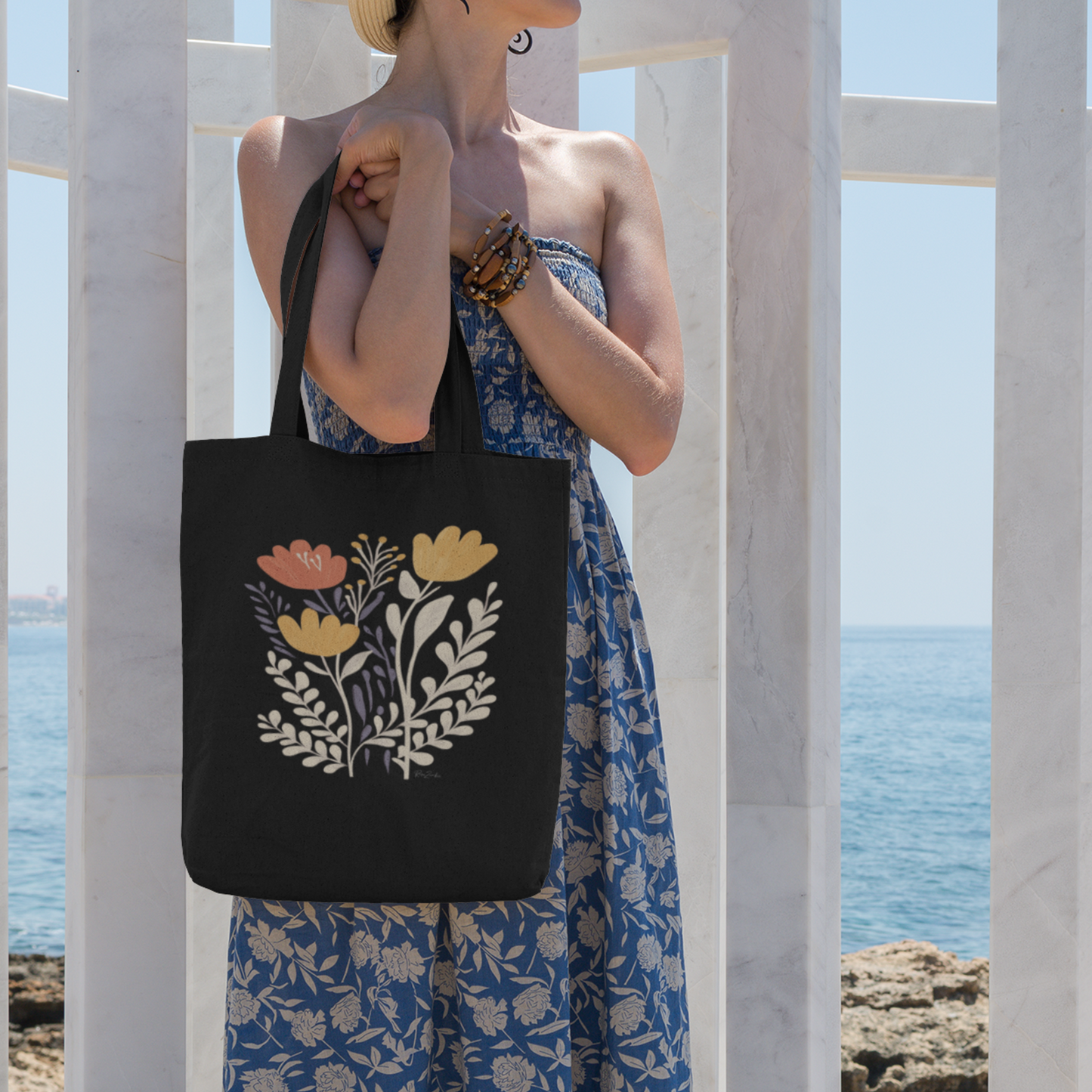 Sac tote noir en coton bio - Fleurs des champs