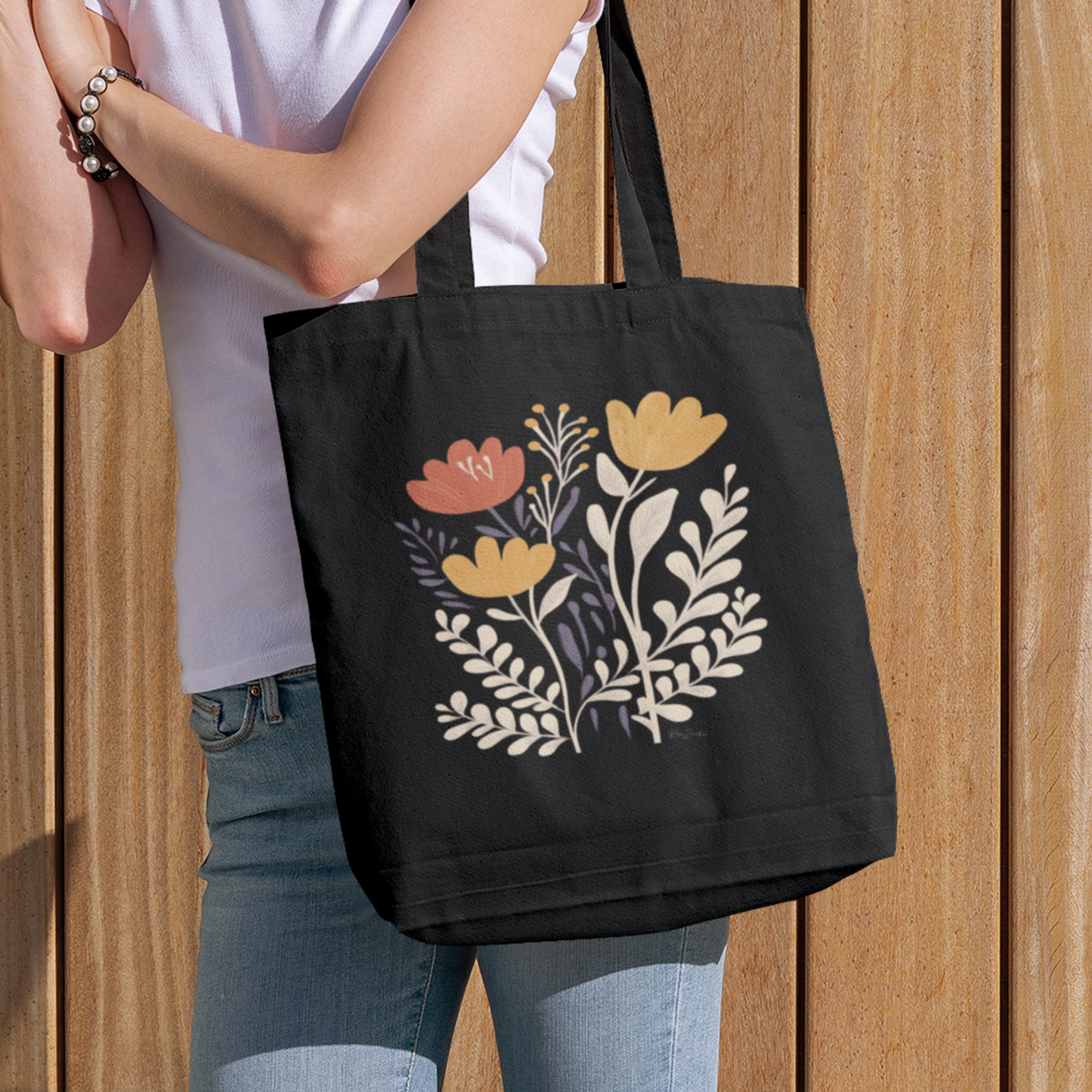 Sac tote noir en coton bio - Fleurs des champs
