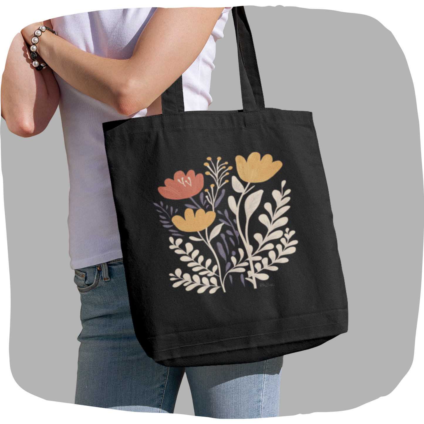 Sac tote noir en coton bio - Fleurs des champs