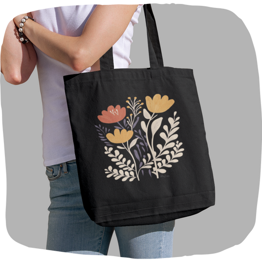 Sac tote noir en coton bio - Fleurs des champs