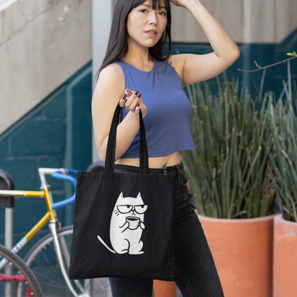 Sac tote noir en coton bio - Chat grognon avec tasse de café
