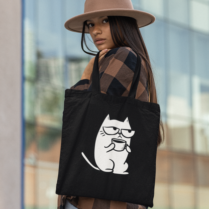 Sac tote noir en coton bio - Chat grognon avec tasse de café