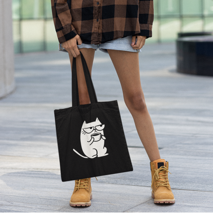 Sac tote noir en coton bio - Chat grognon avec tasse de café