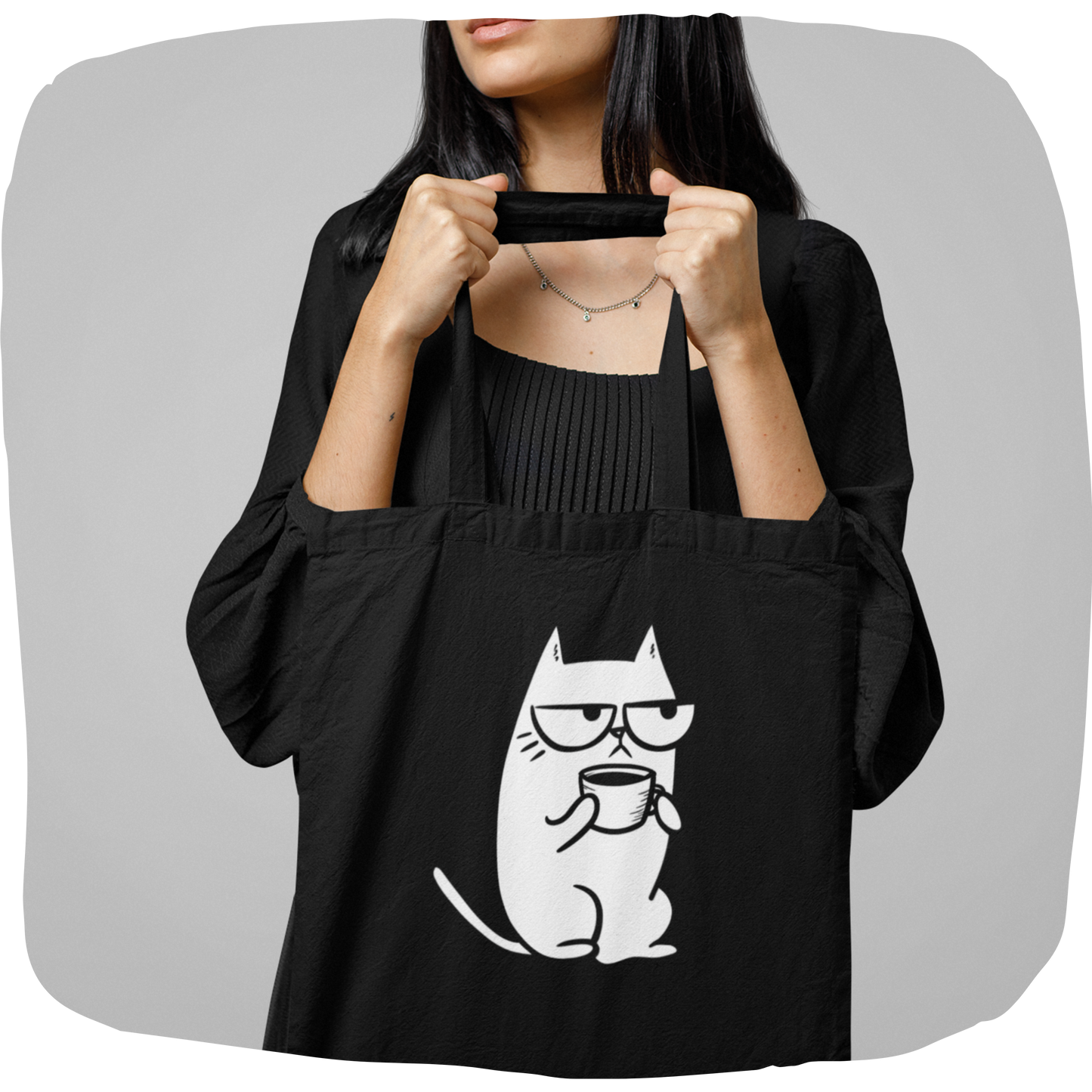 Sac tote noir en coton bio - Chat grognon avec tasse de café