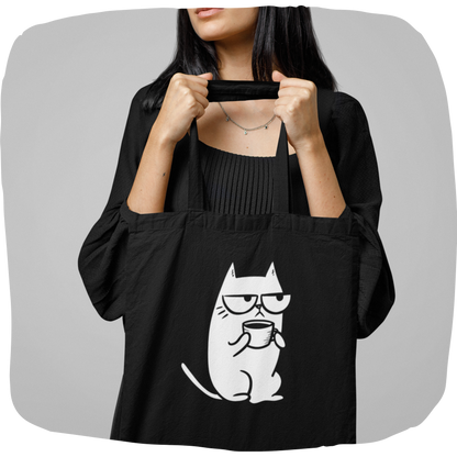 Sac tote noir en coton bio - Chat grognon avec tasse de café