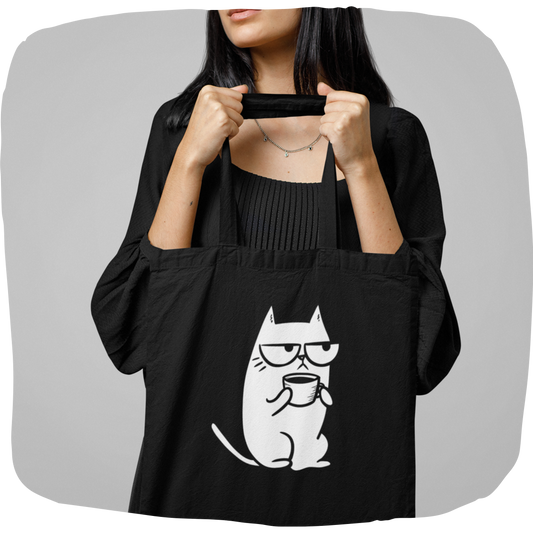 Sac tote noir en coton bio - Chat grognon avec tasse de café