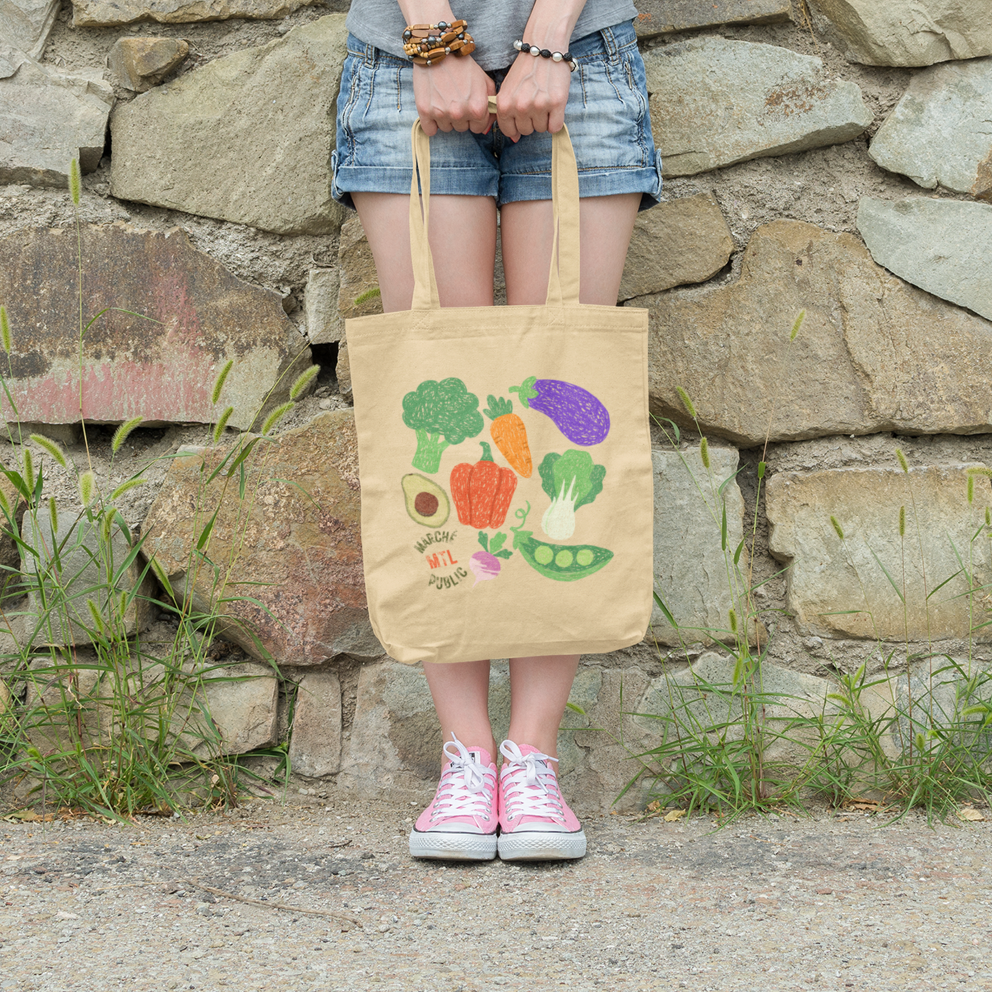 Sac tote beige en coton bio – Marché publique Montréal