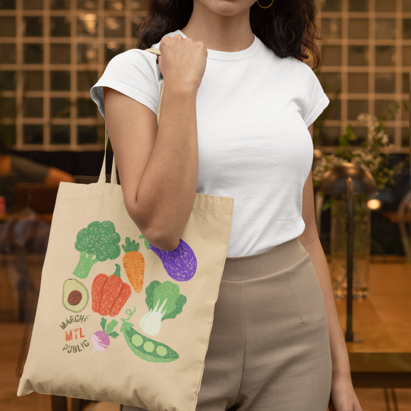 Sac tote beige en coton bio – Marché publique Montréal