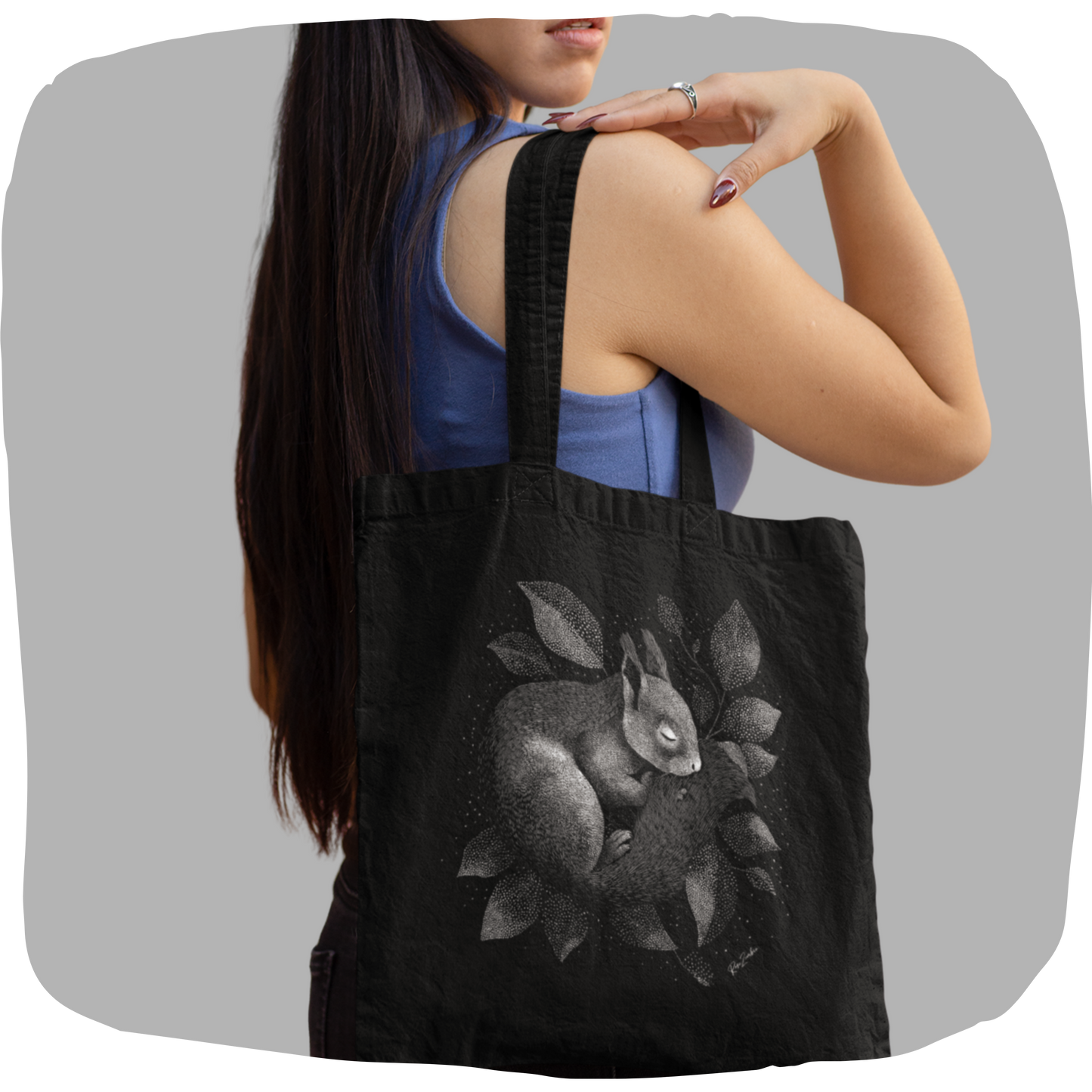 Sac tote noir en coton bio - Écureuil endormi