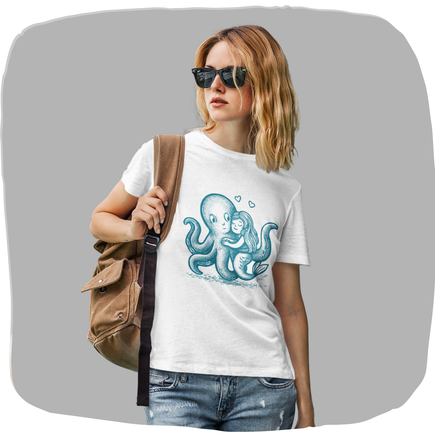 T-shirt blanc en coton recyclé — Pieuvre & sirène enlacées — Illustration dotwork
