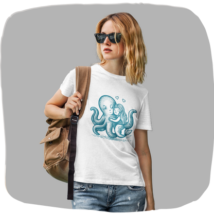T-shirt blanc en coton recyclé — Pieuvre & sirène enlacées — Illustration dotwork