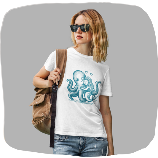 T-shirt blanc en coton recyclé — Pieuvre & sirène enlacées — Illustration dotwork