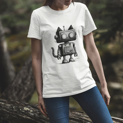 T-shirt blanc coton recyclé —  Illustration robot-chat rétro-futuriste