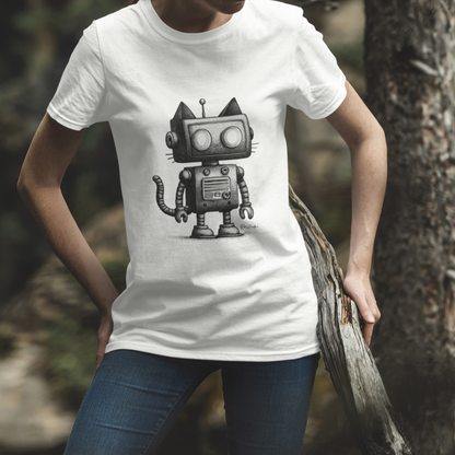 T-shirt blanc coton recyclé —  Illustration robot-chat rétro-futuriste