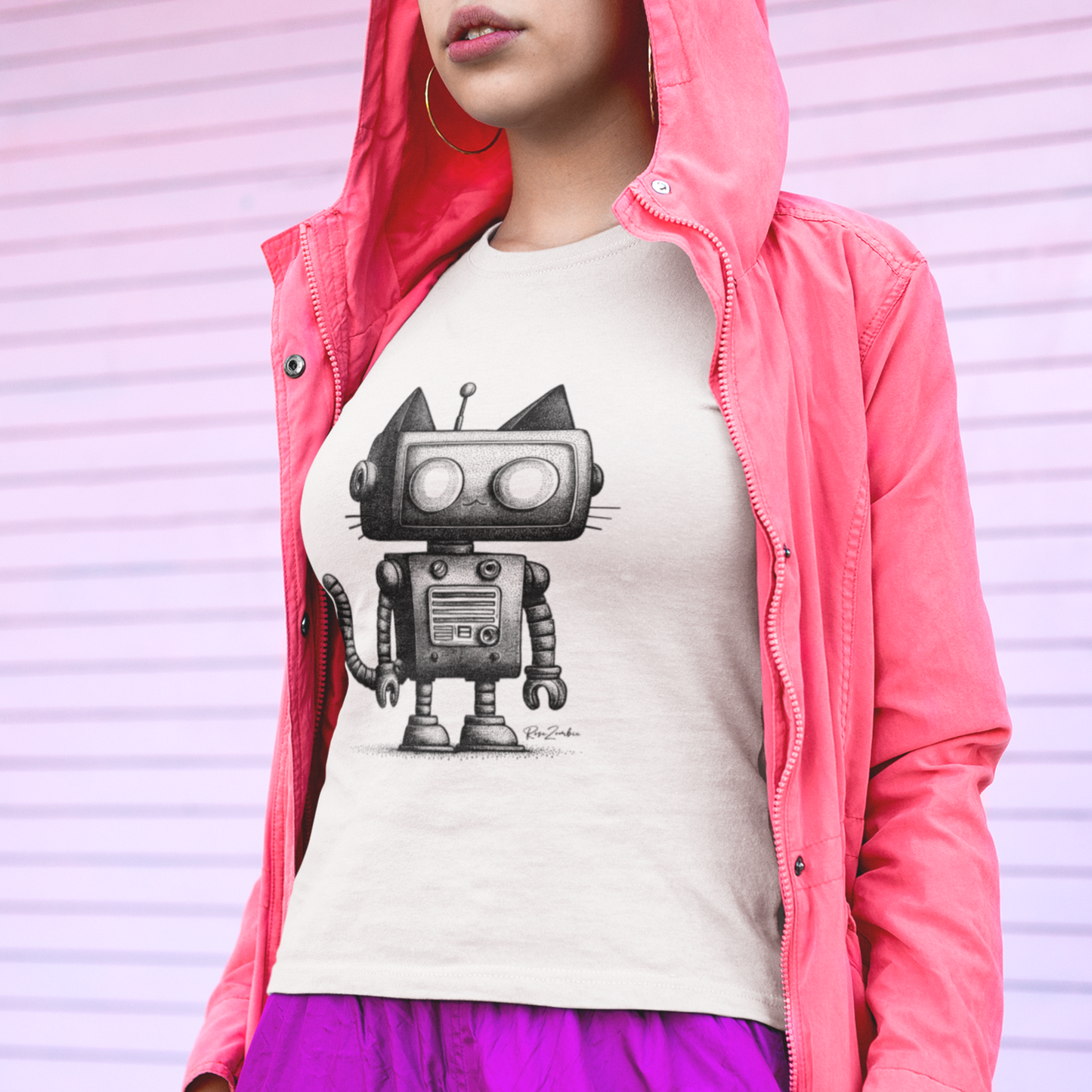 T-shirt blanc coton recyclé —  Illustration robot-chat rétro-futuriste